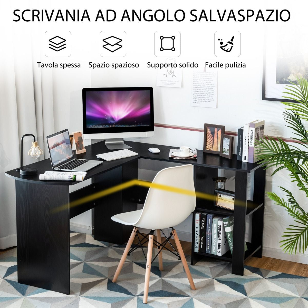 Scrivania per Computer a Forma Di L Con 2 Mensole Aperte, Scrivania Angolare Salva Spazio per Casa E Ufficio Nero