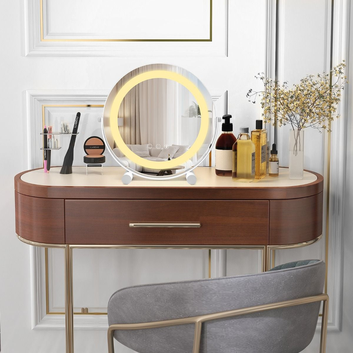 Specchio Da Toeletta Con Luci Luminosità Regolabile Controllo Tattile Intelligente, Specchio Rotondo Da 30Cm Bianco